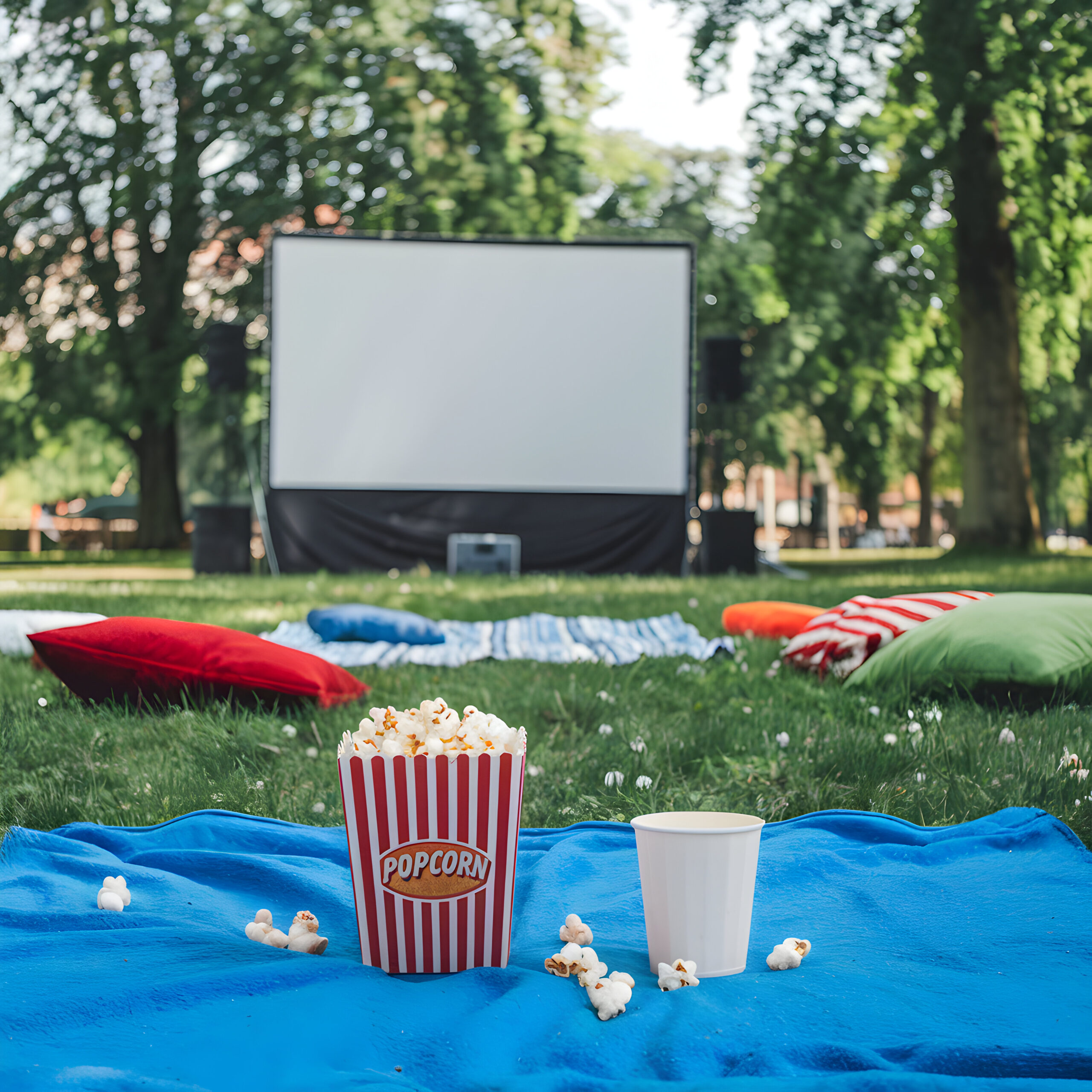 Large white screen set up outdoor movie serene park social media post size scaled